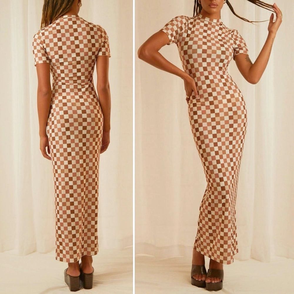 NWT Peppermayo Into The City Mesh Maxi Dress Cocoa Cream Check Womens Size 6 NEW - Picture 16 of 16